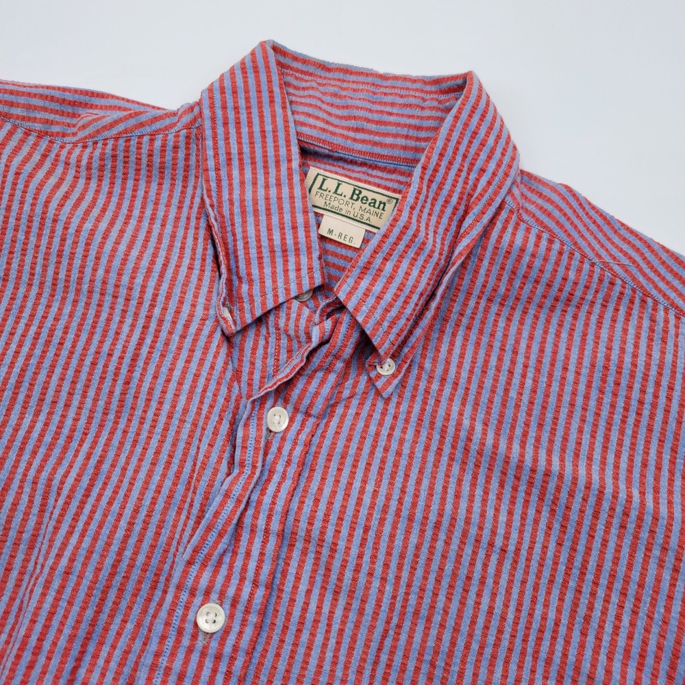 LL Bean Mens Vintage Seersucker Striped Short Sleeve Button Down‎ Shirt M